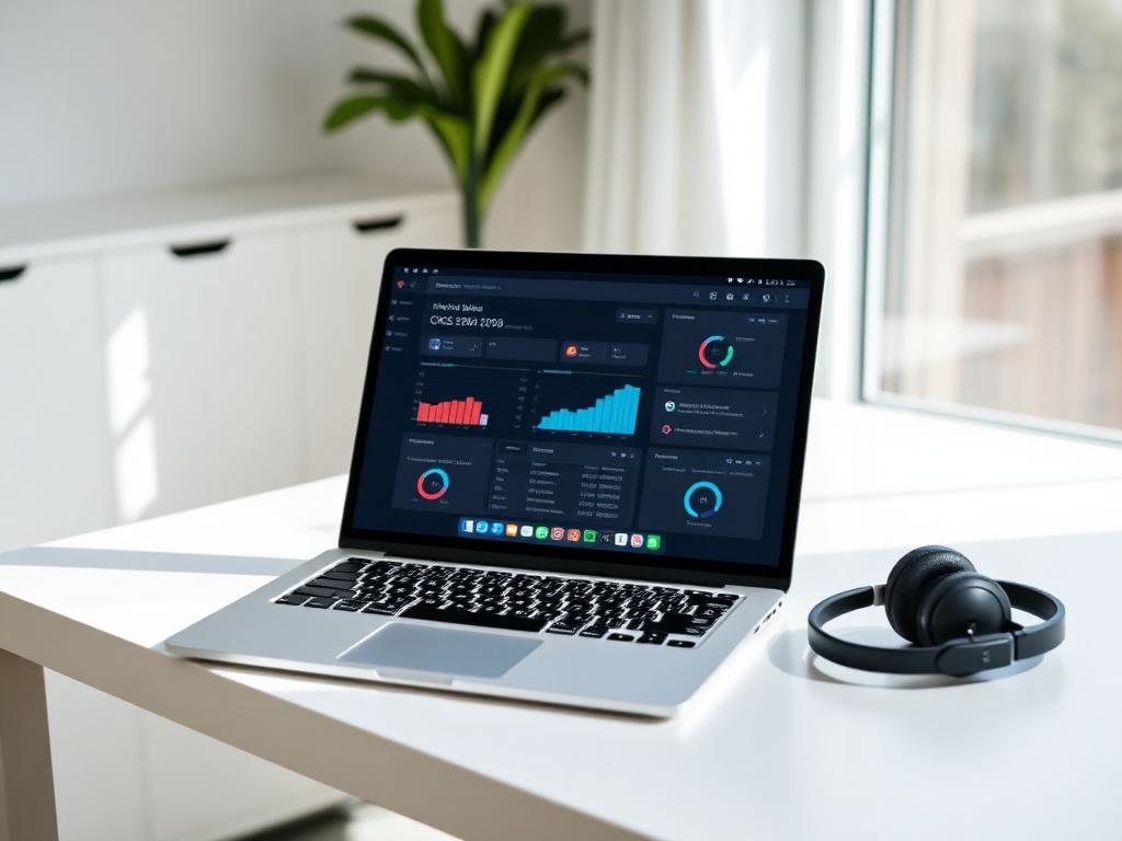 Laptop with sales CRM dashboard and headset provided for remote work