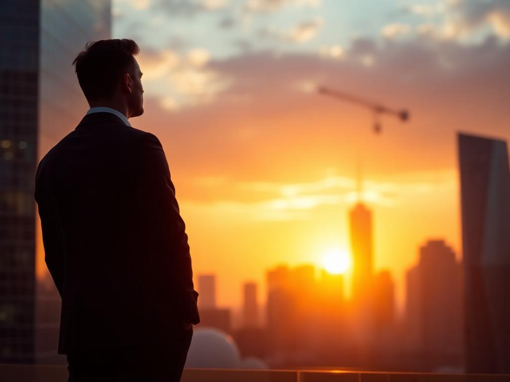 Professional looking toward a city skyline at sunrise symbolizing career growth